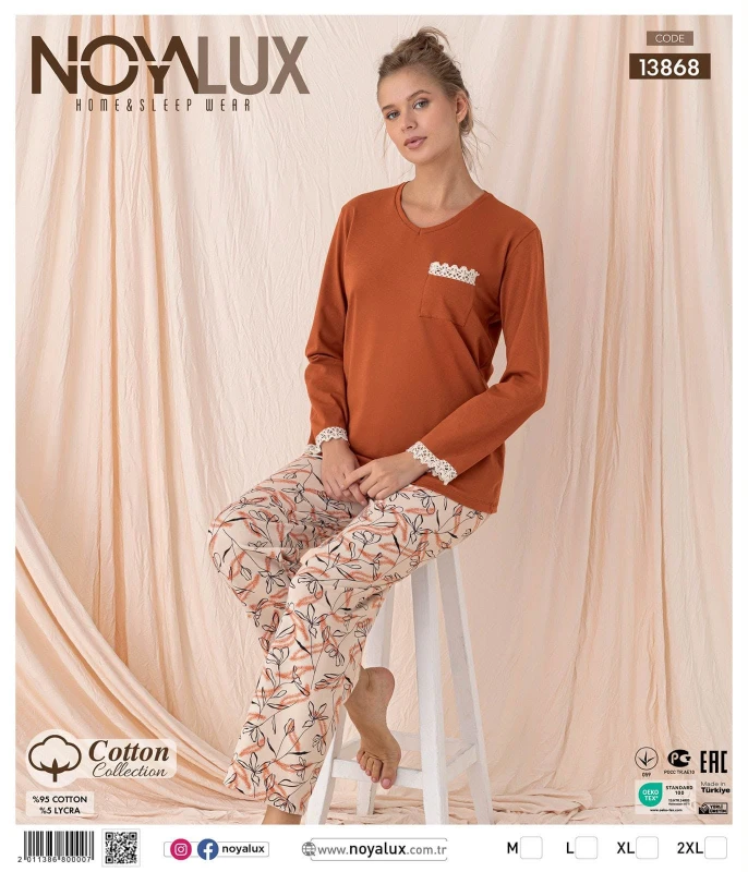 NOYALUX 13868 COTTON CEPLİ UZUN KOLLU KADIN PİJAMA TAKIMI