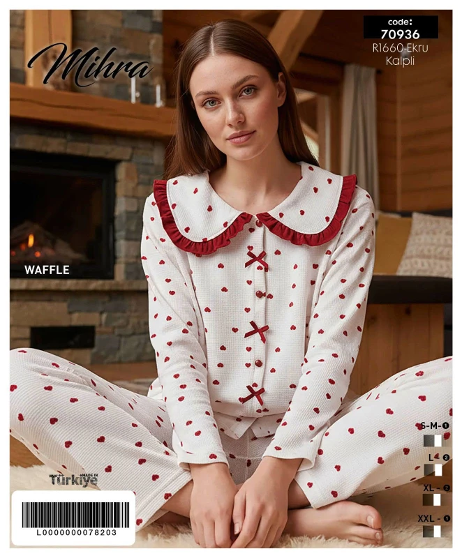 MİHRA 70936 R1660 WAFFLE DÜĞMELİ YAKASI FIRFIRLI PİJAMA TAKIMI