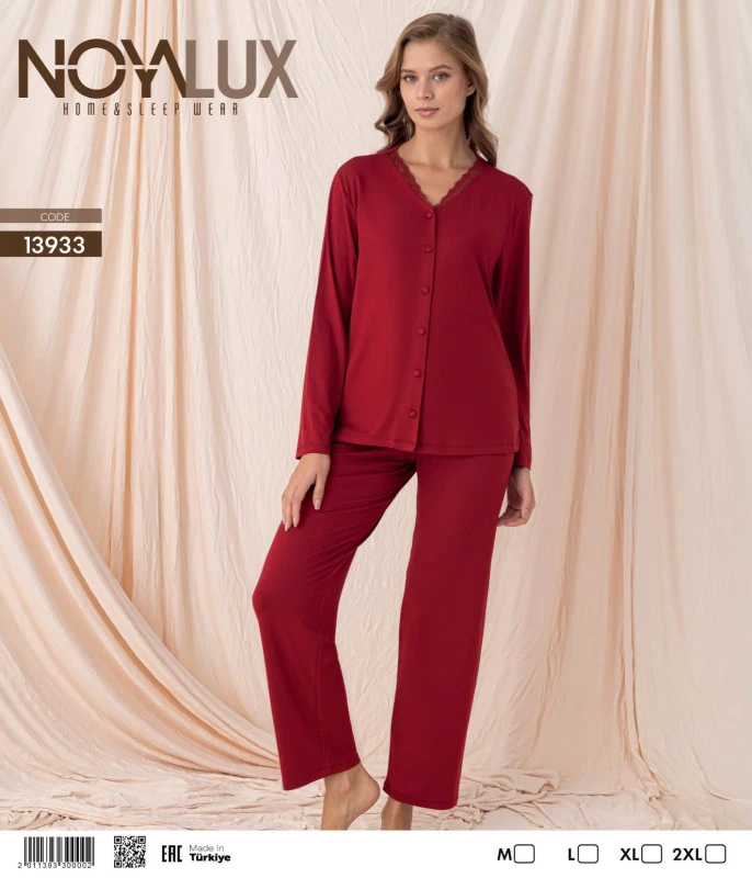 NOYALUX 13933 YAKA DANTELLİ DÜĞMELİ GÖMLEK KADIN PİJAMA TAKIMI KIRMIZI M-XXL