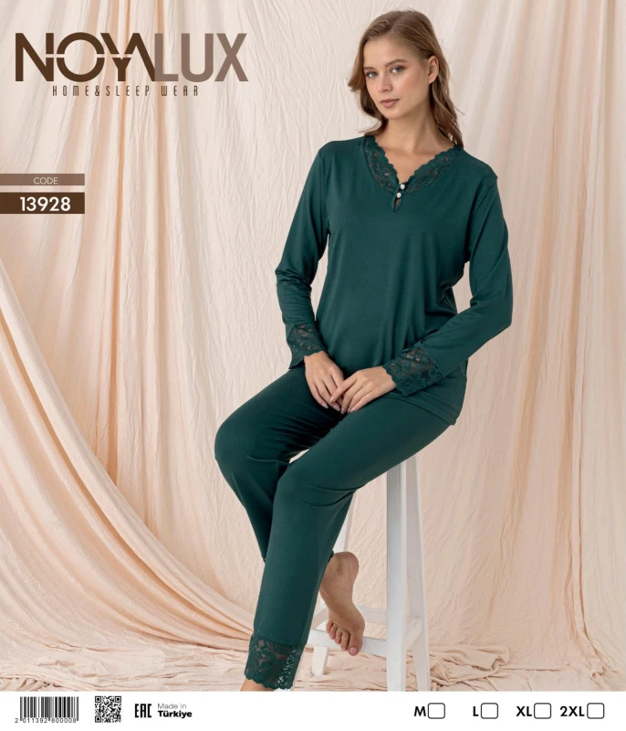 NOYALUX 13928 YAKA DANTELLİ V YAKA 2 DÜĞMELİ KADIN PİJAMA TAKIMI YEŞİL