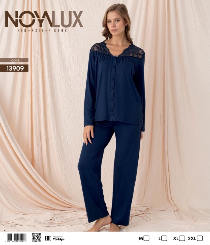 NOYALUX 13909 YAKA OMUZ DANTELLİ DÜĞMELİ GÖMLEK KADIN PİJAMA TAKIMI LACİVERT