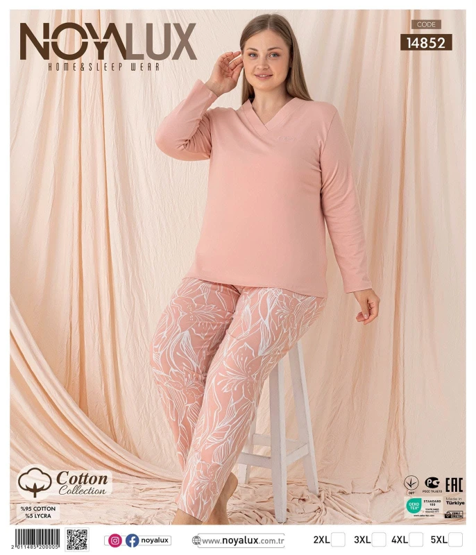 NOYALUX 14852 COTTON BİG YAKA GARNİLİ NAKIŞLI KADIN PİJAMA TAKIMI – 2XL-5XL