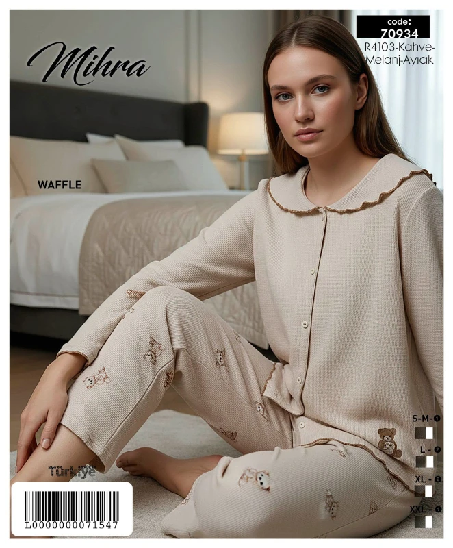 MİHRA 70934 R4103 WAFFLE YAKALI DÜĞMELİ PİJAMA TAKIMI KAHVERENGİ
