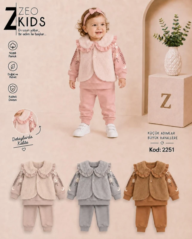 MİNİZEO 2251 KÜRK YELEKLİ TAKIM KIZ BEBEK 6-18 AY