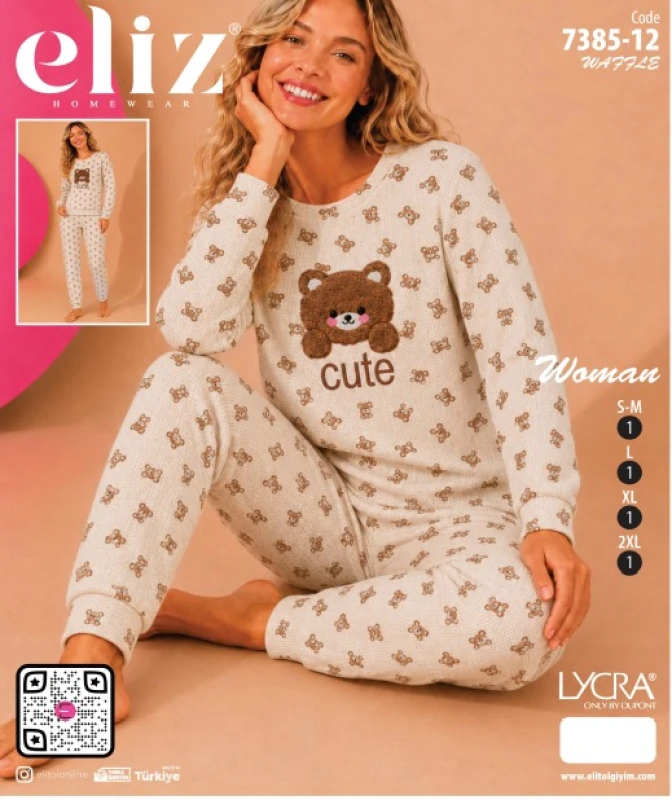 ELİZ 7385-12 WAFFLE KOMPLE DESENLİ BASIC PİJAMA TAKIMI