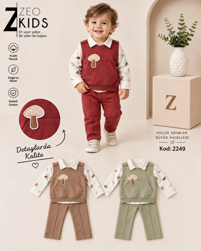 MİNİZEO 2249 MANTAR NAKIŞLI TAKIM ERKEK BEBEK 6-18 AY