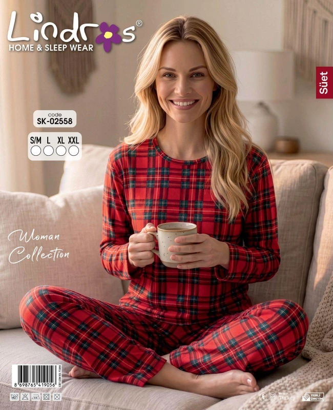 LİNDROS 2558 SÜET KIRMIZI KADIN PİJAMA TAKIMI – S-XXL
