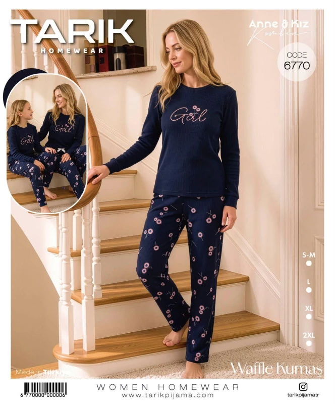 TARIK 6770 BAYAN ÇİÇEK NAKIŞLI WAFFLE KUMAŞ PİJAMA TAKIMI S-XXL