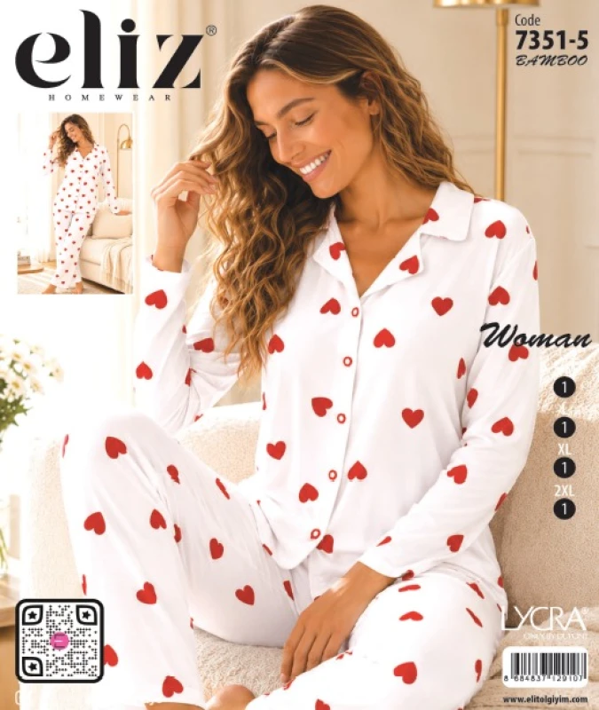 ELİZ 7351-5 KADIN DÜĞMELİ BAMBU PİJAMA TAKIMI