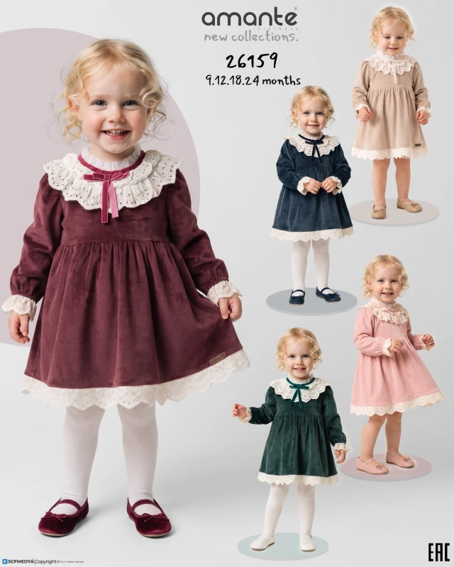 AMANTE 26159 YAKA VE ETEK UCU DANTELLİ KIZ BEBEK ELBİSESİ – 9-24 AY
