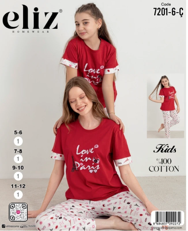 ELİZ 7201-6-Ç ÇOCUK MANŞETLİ PİJAMA TAKIM KIRMIZI