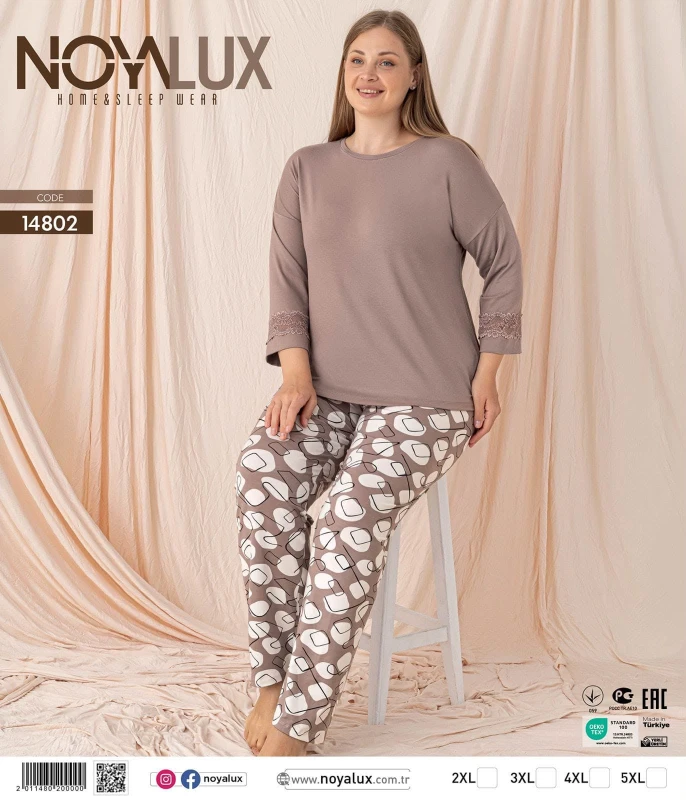 NOYALUX 14802 BİSİKLET YAKA BATTAL KADIN PİJAMA TAKIMI VİZON 2XL-5XL