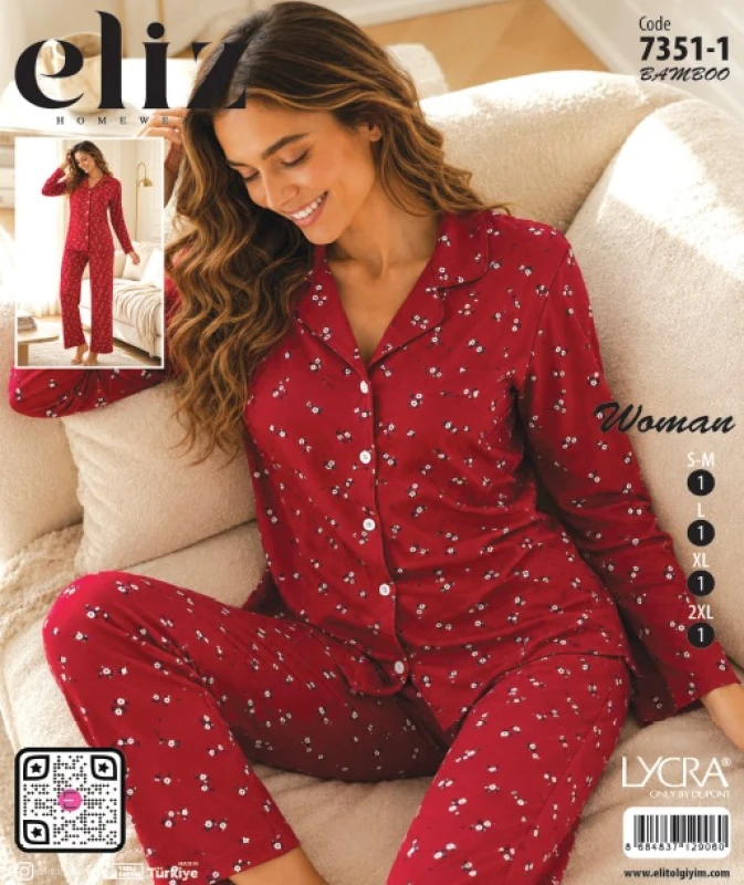 ELİZ 7351-1 KADIN DÜĞMELİ BAMBU PİJAMA TAKIMI