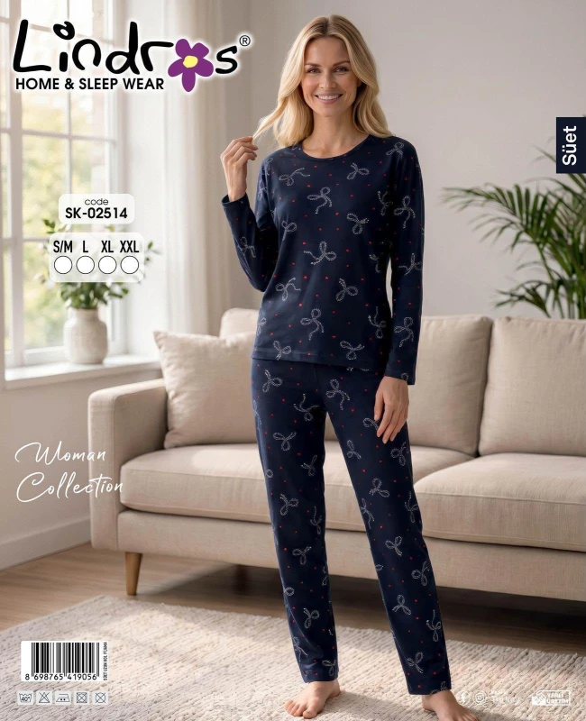 LİNDROS 2514 SÜET LACİVERT KADIN PİJAMA TAKIMI – S-XXL
