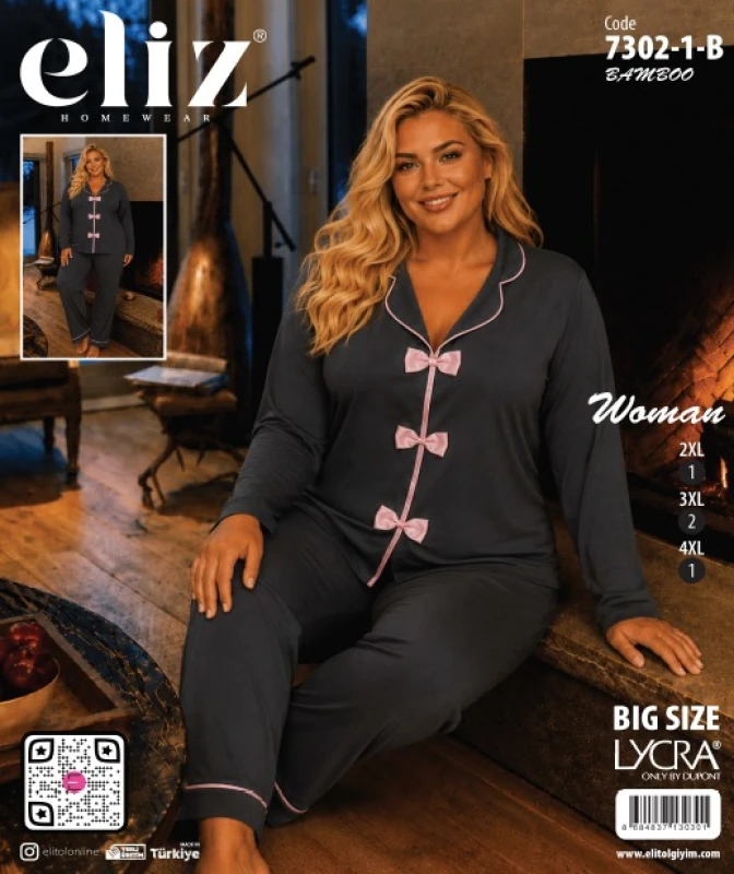 ELİZ 7302-1-B BATTAL PAPYONLU BAMBU PİJAMA TAKIMI