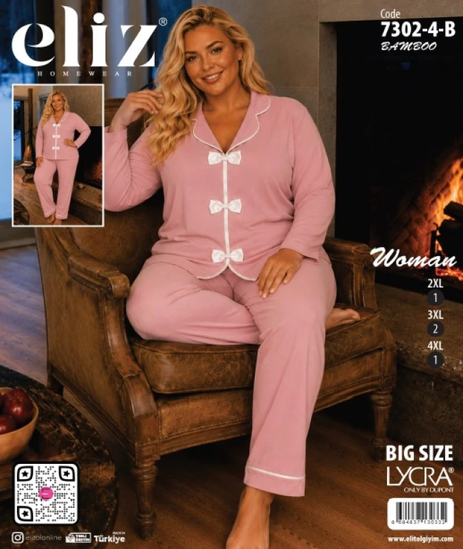 ELİZ 7302-4-B BATTAL PAPYONLU BAMBU PİJAMA TAKIMI