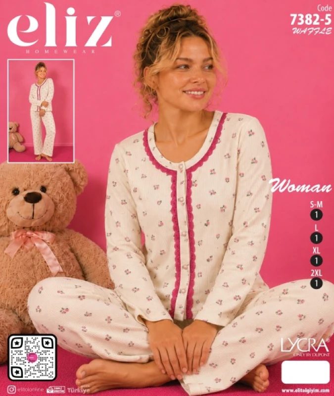 ELİZ 7382-5 WAFFLE DÜĞMELİ DANTELLİ PİJAMA TAKIMI