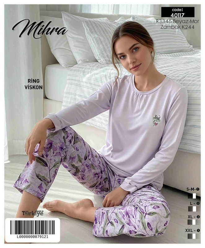 MİHRA 40117 R3346 RİNG VİSKON ÖN YAKASI BÜZGÜLÜ PİJAMA TAKIMI