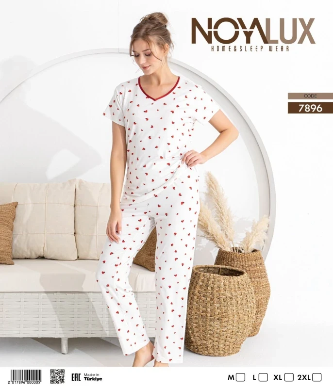 NOYA 7896 V YAKA DESENLİ KADIN PİJAMA TAKIMI BEYAZ
