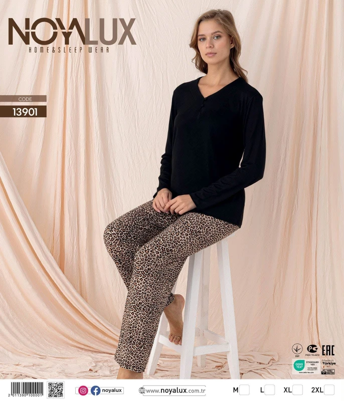 NOYALUX 13901 UZUN KOL V YAKA KADIN PİJAMA TAKIMI SİYAH M-XXL