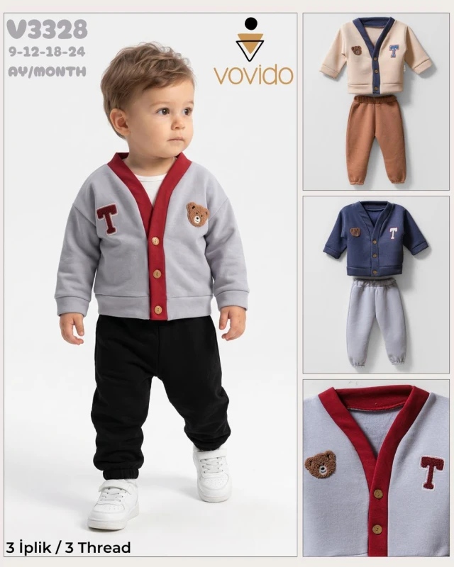 VOVİDO V3328 AYI VE T NAKIŞLI KIŞLIK TAKIM ERKEK BEBEK 6-24 AY