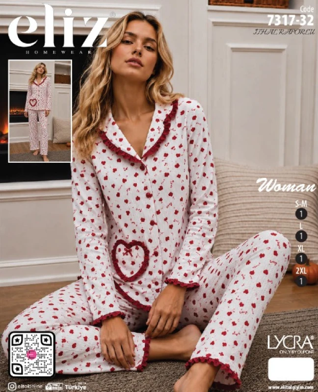 ELİZ 7317-32 İTHAL RAPORLU KALP CEPLİ PİJAMA TAKIMI