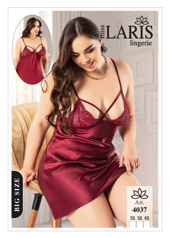 MİSS LARİS 4037 BÜYÜK BEDEN SATEN DANTELLİ GECELİK BORDO