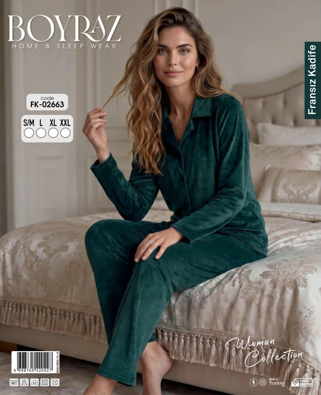 BOYRAZ 2663 KADİFE DÜĞMELİ ZÜMRÜT KADIN PİJAMA TAKIMI – S-XXL