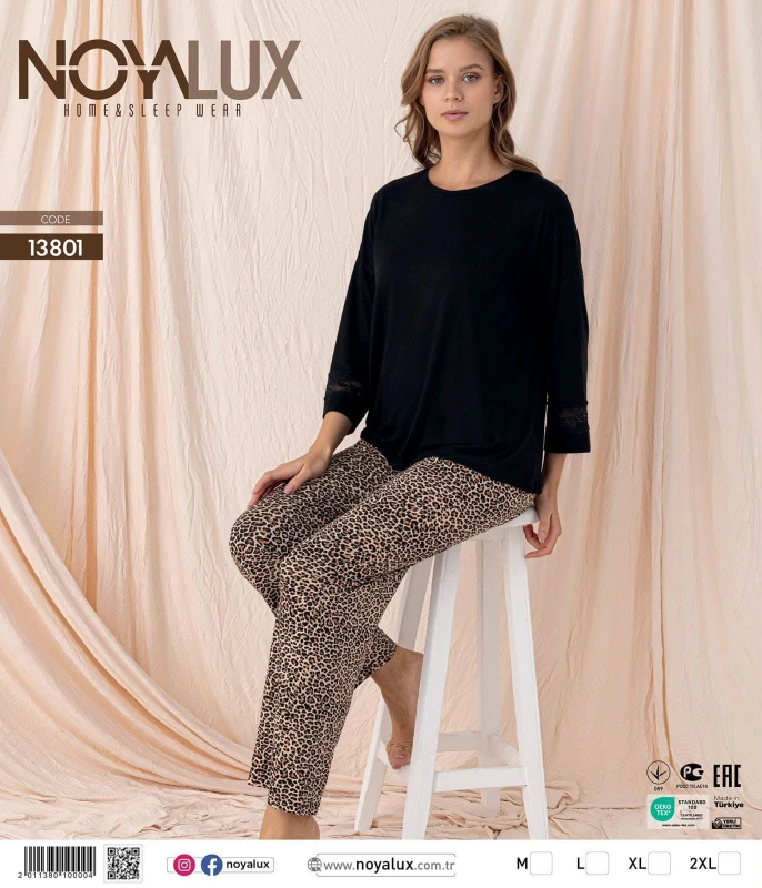 NOYALUX 13801 BİSİKLET YAKA KADIN PİJAMA TAKIMI LEOPAR M-XXL