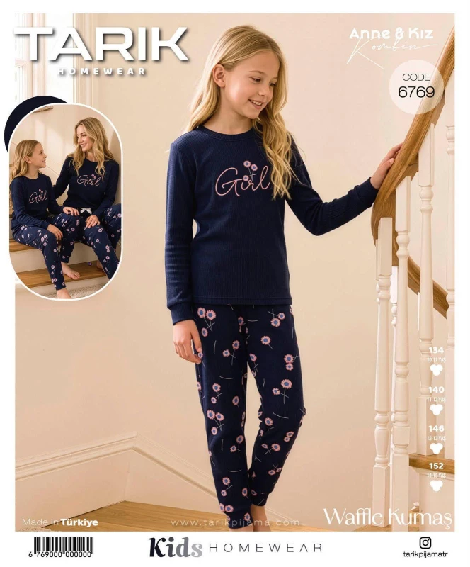 TARIK 6769 KIZ GEZ BOY WAFFLE KUMAŞ PİJAMA TAKIMI LACİVERT 10-15 YAŞ