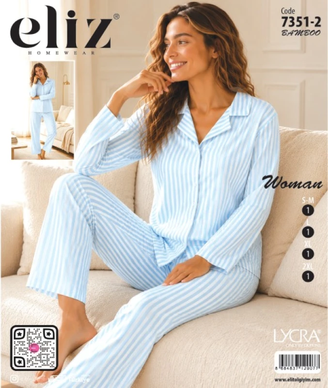 ELİZ 7351-2 KADIN DÜĞMELİ BAMBU PİJAMA TAKIMI