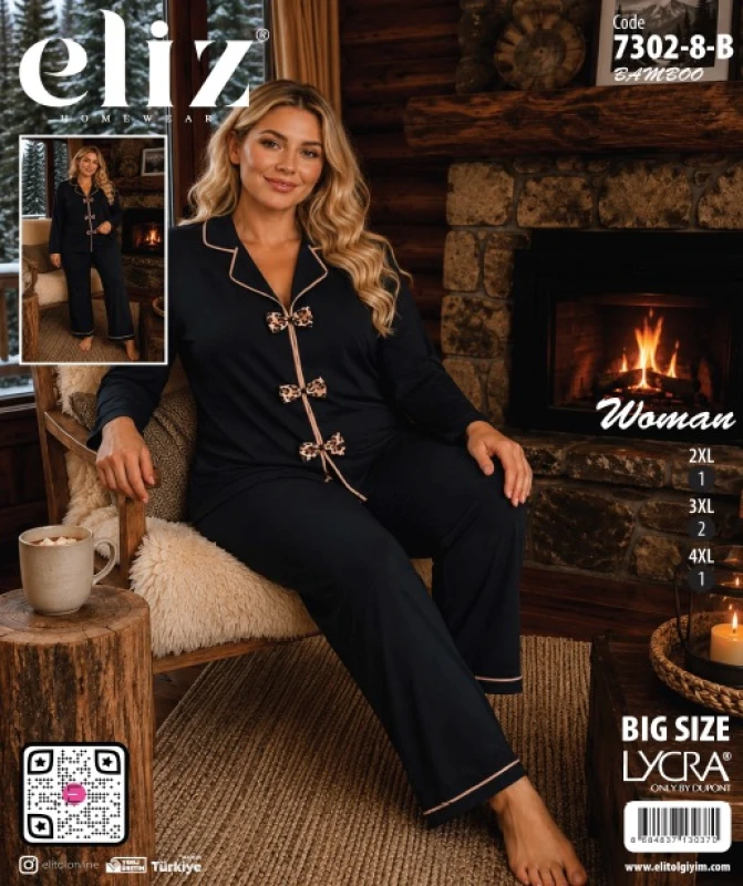ELİZ 7302-8-B BATTAL PAPYONLU BAMBU PİJAMA TAKIMI
