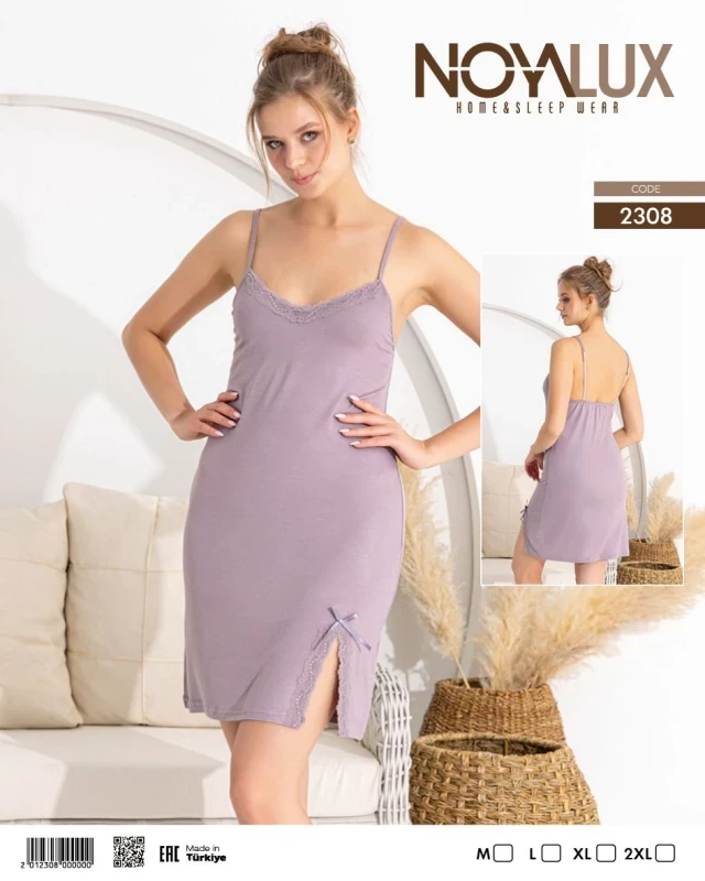 NOYA 2308 İP ASKILI YIRTMAÇLI KADIN GECELİK LİLA