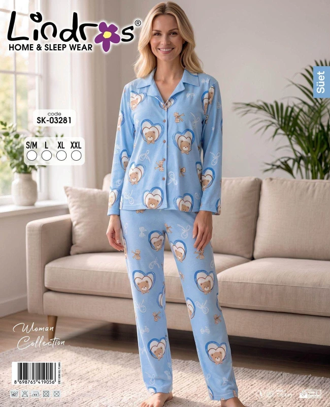 LİNDROS 3281 SÜET DÜĞMELİ MAVİ BAYAN PİJAMA TAKIMI – S-XXL