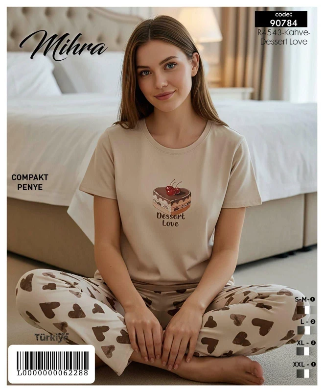 MİHRA 90784 R4543 KOMPAKT PENYE KISA KOL BASKILI KADIN PİJAMA TAKIMI KAHVE