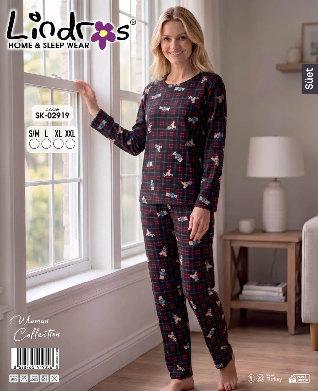 LİNDROS 2919 SÜET SİYAH BAYAN PİJAMA TAKIMI – S-XXL