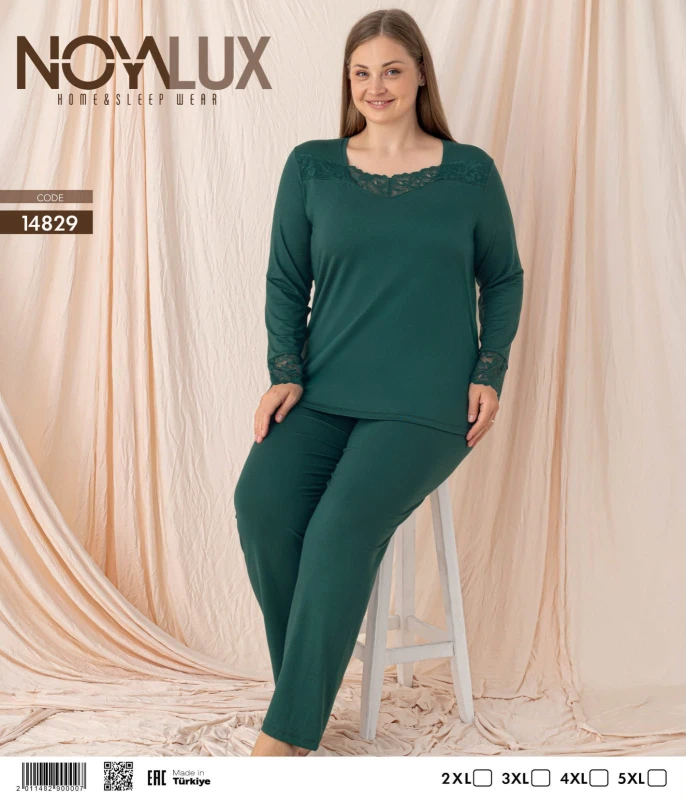 NOYALUX 14829 YAKA DANTELLİ GENİŞ YAKA BATTAL KADIN PİJAMA TAKIMI YEŞİL