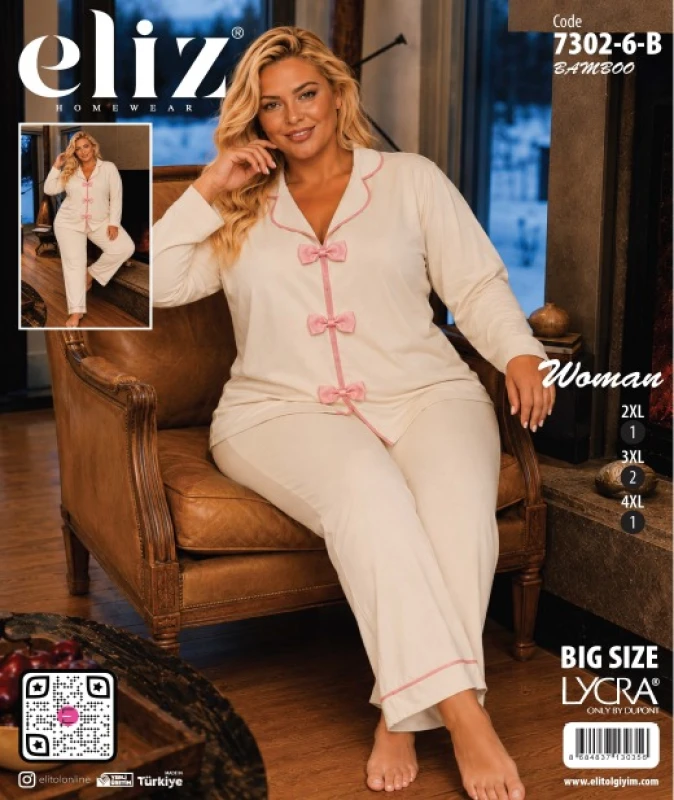 ELİZ 7302-6-B BATTAL PAPYONLU BAMBU PİJAMA TAKIMI