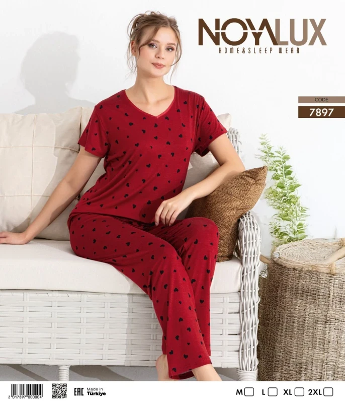 NOYA 7897 V YAKA DESENLİ KADIN PİJAMA TAKIMI BORDO