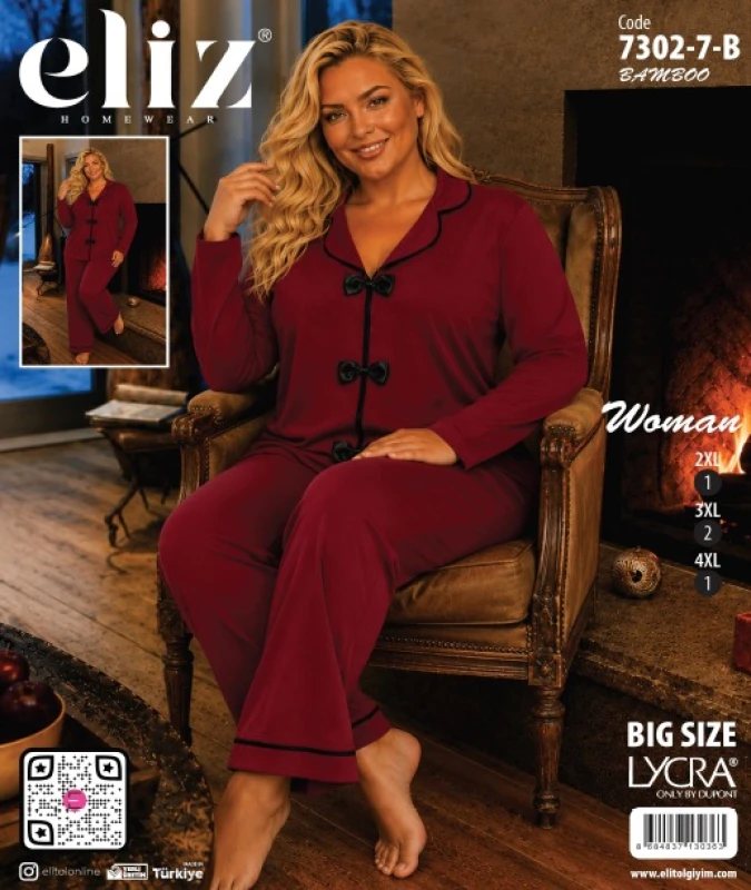 ELİZ 7302-7-B BATTAL PAPYONLU BAMBU PİJAMA TAKIMI
