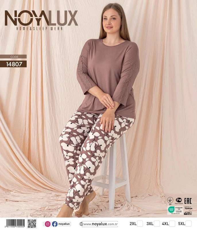NOYALUX 14807 BİSİKLET YAKA BATTAL KADIN PİJAMA TAKIMI LİLA 2XL-5XL