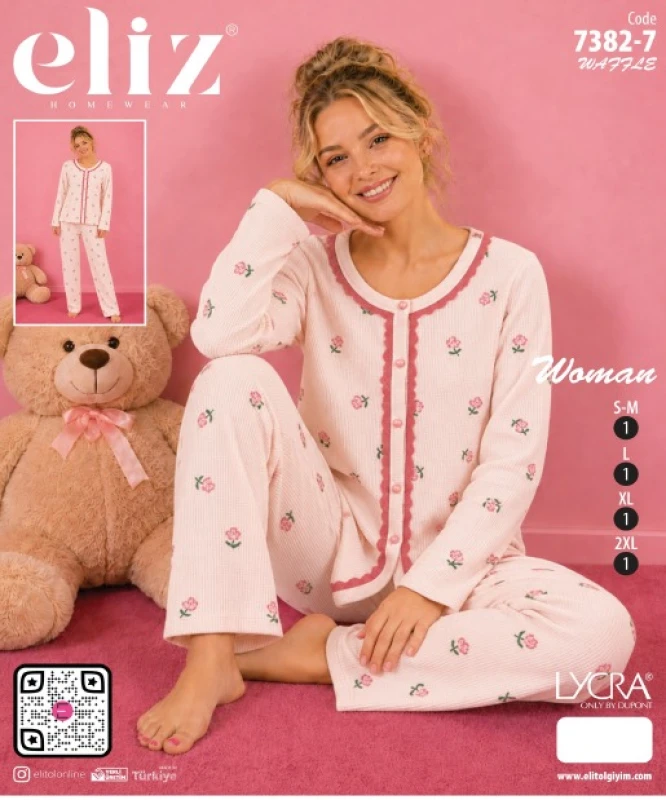 ELİZ 7382-7 WAFFLE DÜĞMELİ DANTELLİ PİJAMA TAKIMI