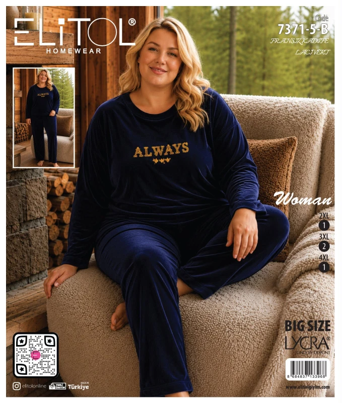 ELİTOL 7371-5-B KADİFE BATTAL BAYAN PİJAMA TAKIMI