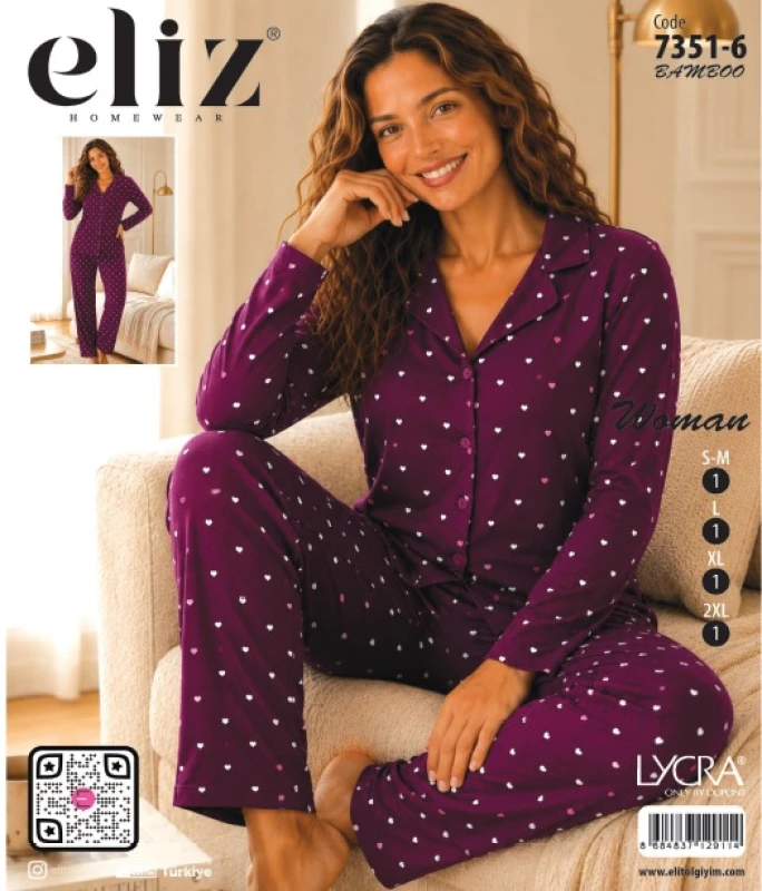 ELİZ 7351-6 KADIN DÜĞMELİ BAMBU PİJAMA TAKIMI