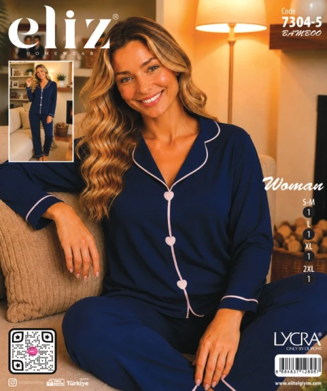 ELİZ 7304-5 KADIN KALP NAKIŞLI BAMBU PİJAMA TAKIMI