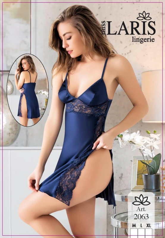 MİSS LARİS 2063 SATEN DANTEL DETAYLI ELBİSE LACİVERT