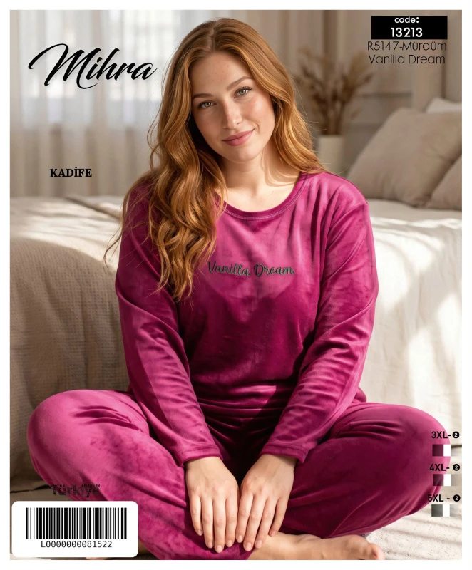MİHRA 13213 R5147 BATTAL KADİFE PİJAMA TAKIMI MÜRDÜM-VANİLYA