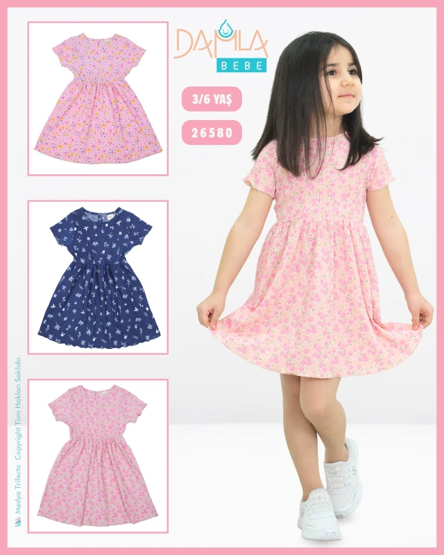 DAMLA 26580 DÜZ KIZ ELBİSE PEMBE