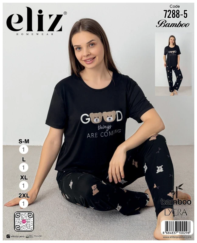 ELİZ 7288-5 BAMBOO KADIN NAKIŞLI PİJAMA TAKIMI SİYAH