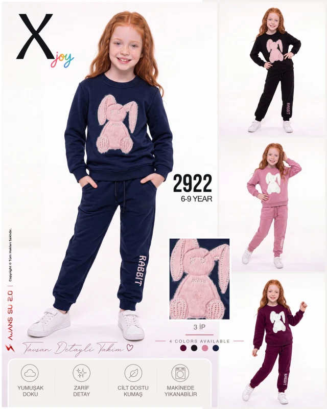 X-JOY 2922 İNCE PELUŞ TAVŞAN 3 İP KIZ ÇOCUK TAKIMI – 6-9 YAŞ